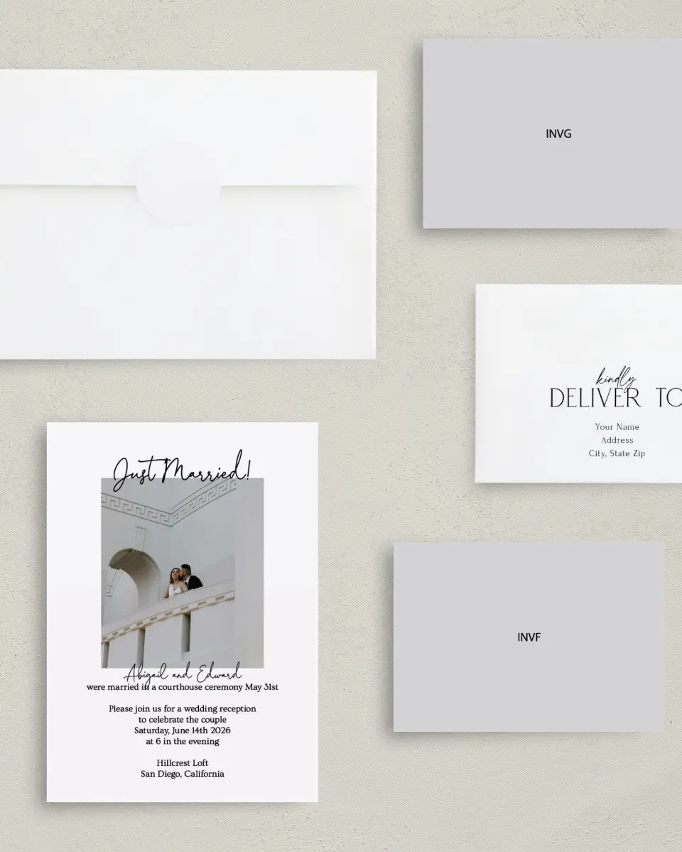 This is a 5" x 7" Reception-Only - CP called Just Married printed in full color on Premium Smooth paper