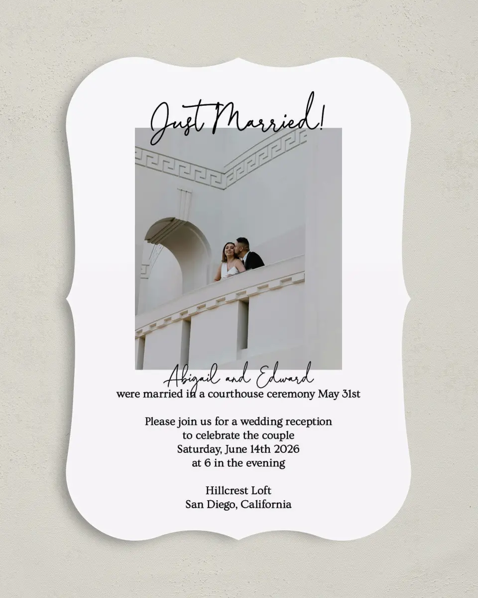This is a 5" x 7" Reception-Only - CP called Just Married printed in full color with Silver foil on Luxe Satin (coated) paper