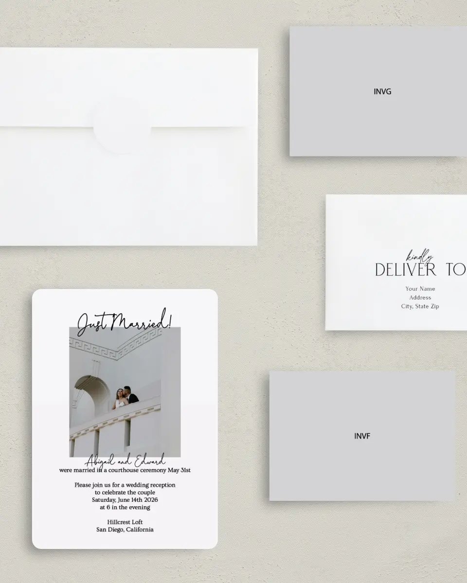 This is a 5" x 7" Reception-Only - CP called Just Married printed in full color on Premium Smooth paper
