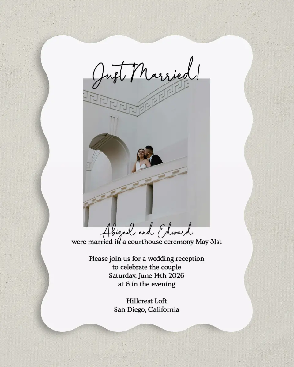 This is a 5" x 7" Reception-Only - CP called Just Married printed in full color on Premium Smooth paper