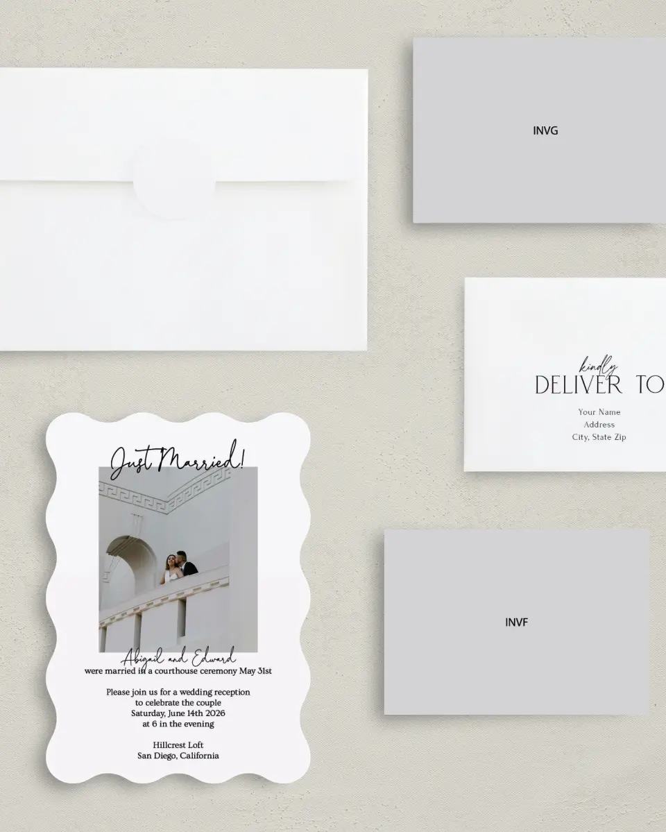 This is a 5" x 7" Reception-Only - CP called Just Married printed in full color on Premium Smooth paper