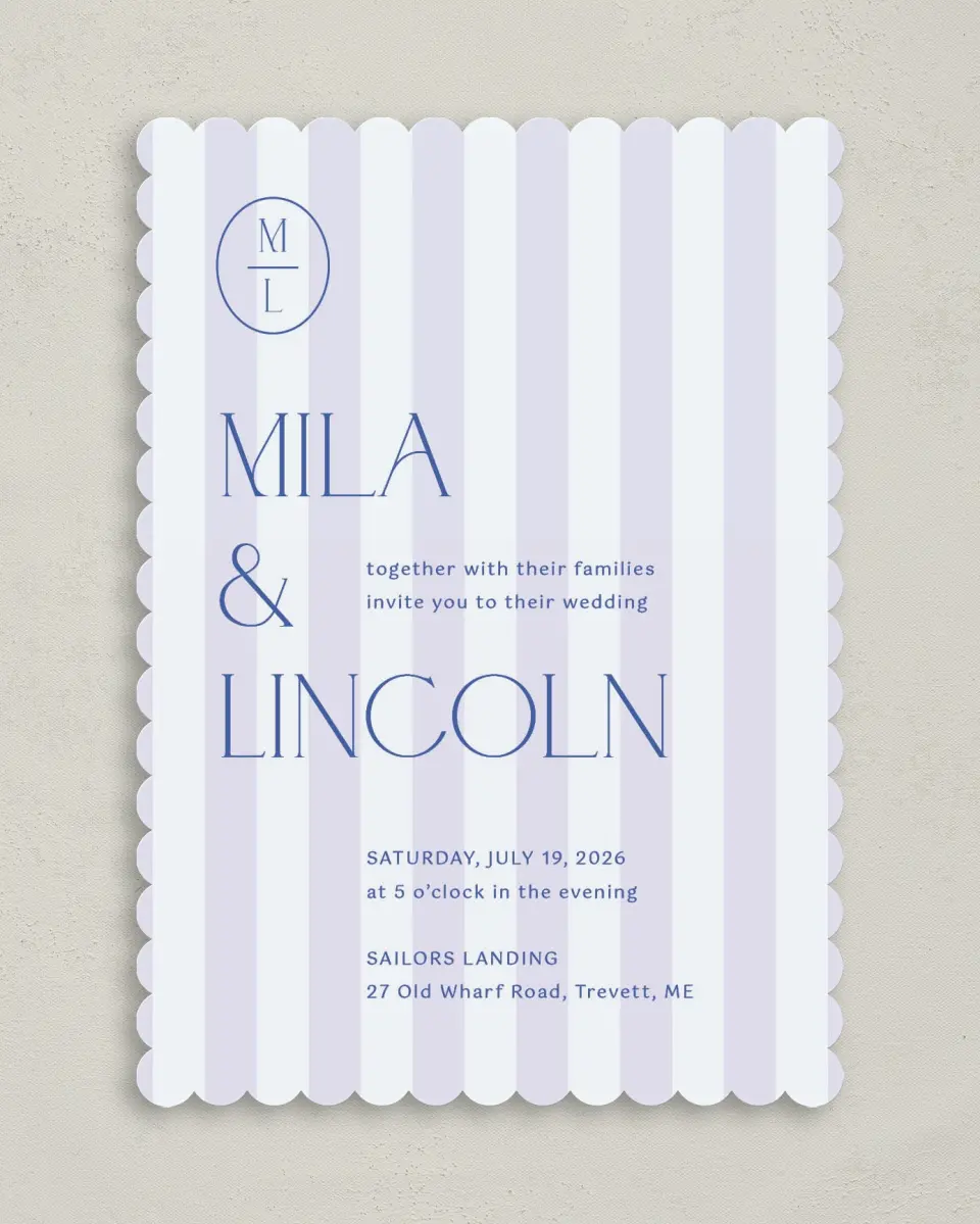 This is a 5" x 7" Classic Wedding Invitation called The Mila printed in full color on Premium Smooth paper