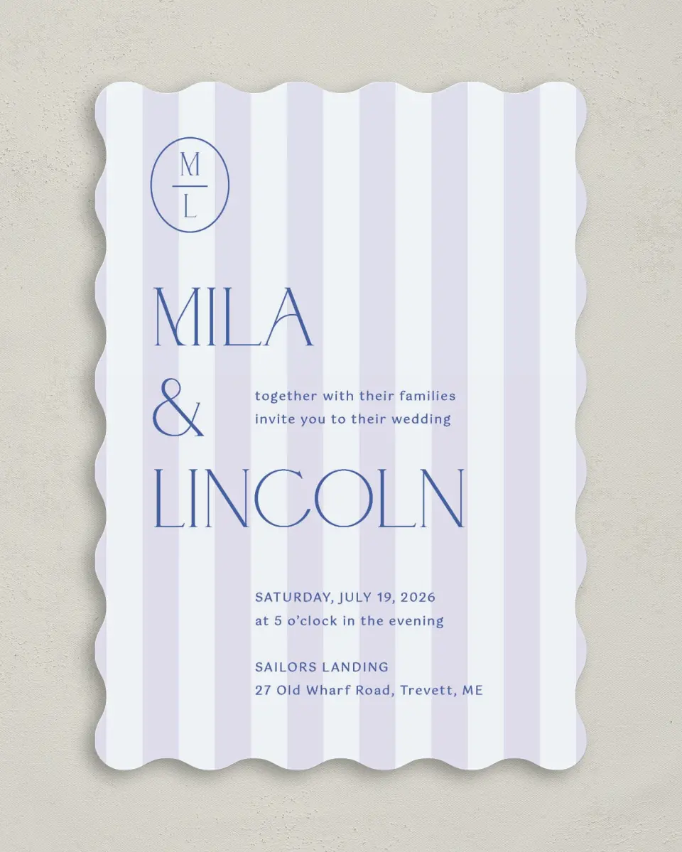 This is a 5" x 7" Wavy Wedding Invitation called The Mila printed in full color on Premium Smooth paper