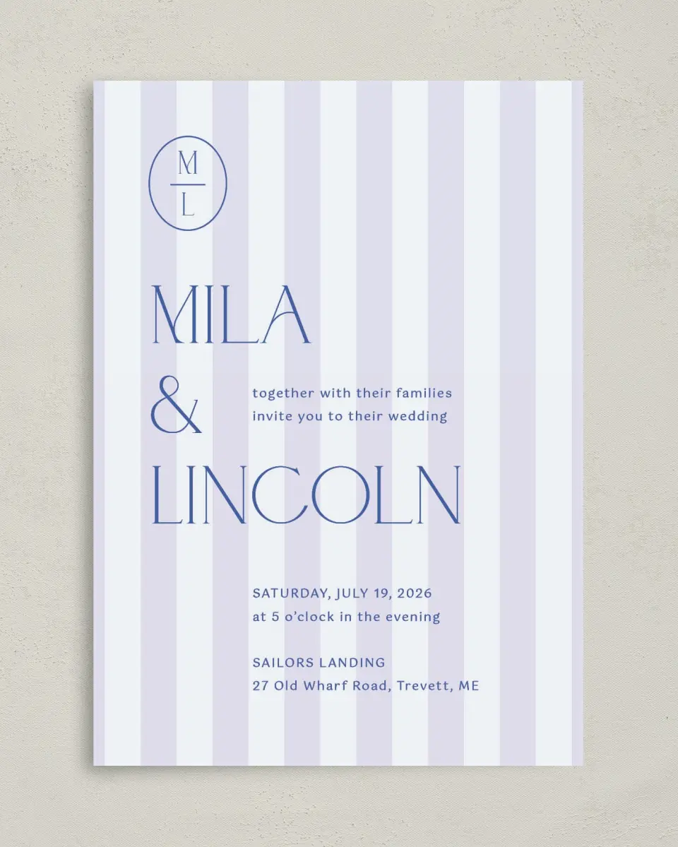 This is a 5" x 7" Classic Wedding Invitation called The Mila printed in full color on Premium Smooth paper