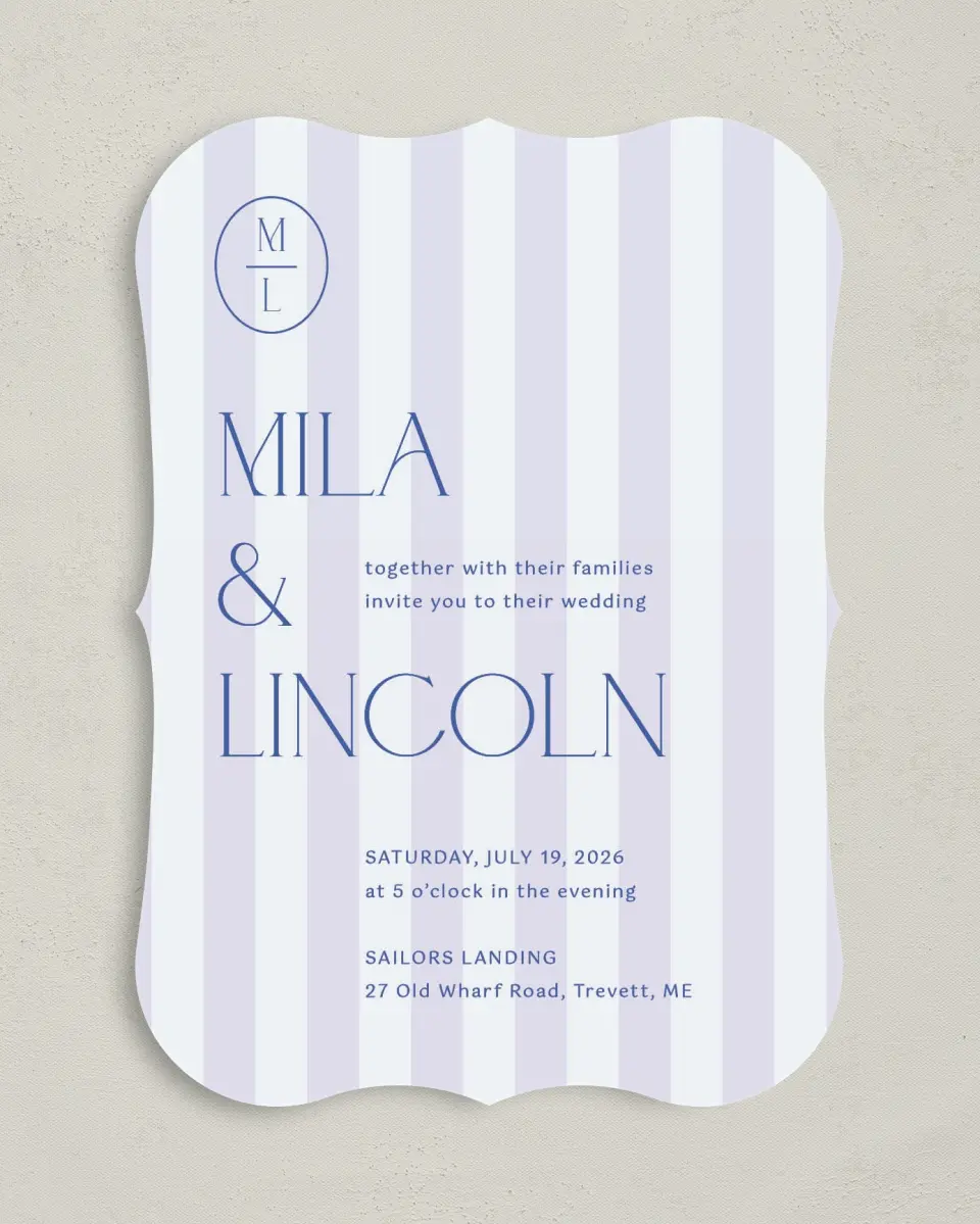 This is a 5" x 7" Bracket Wedding Invitation called The Mila printed in full color on Premium Smooth paper