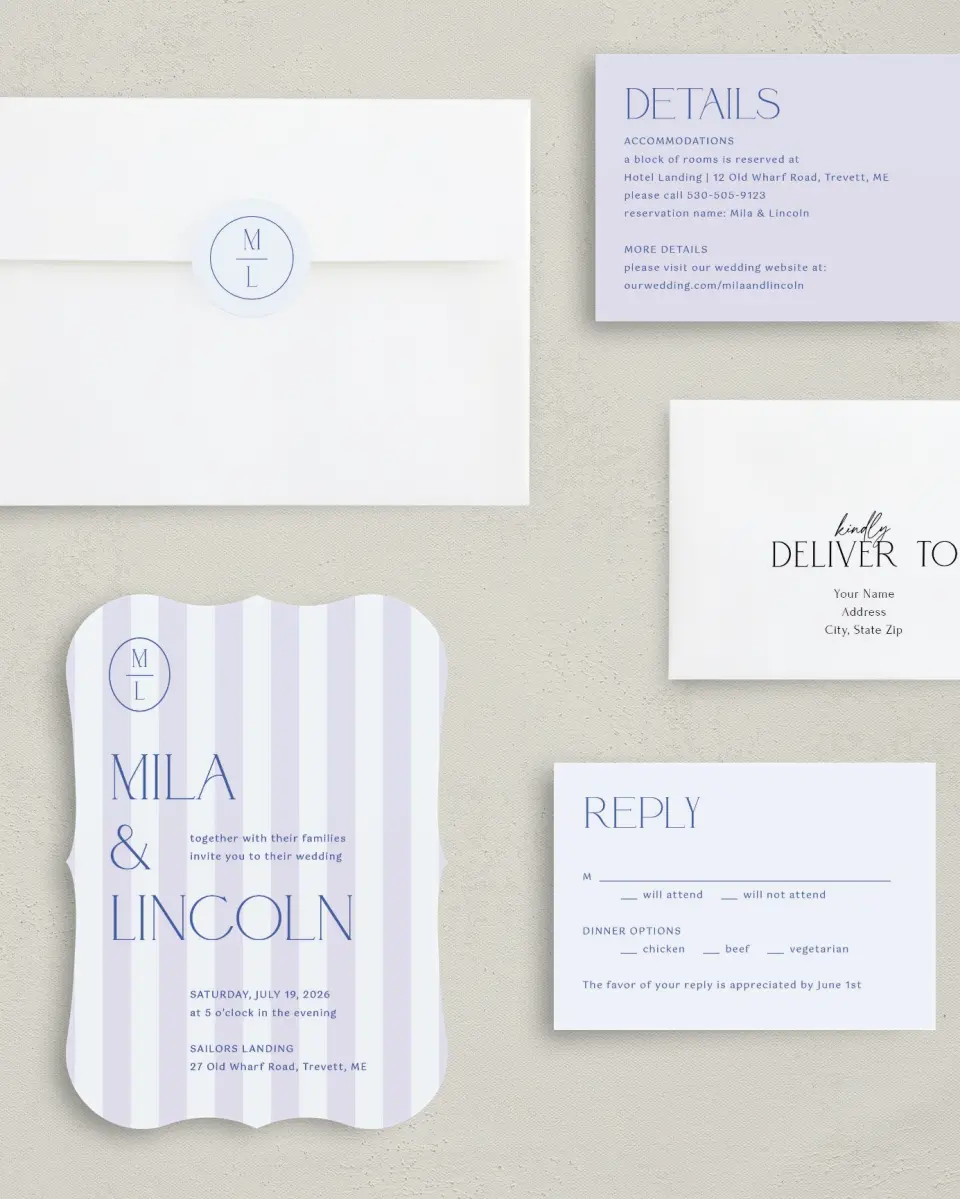 This is a 5" x 7" Bracket Wedding Invitation called The Mila printed in full color with Silver foil on Luxe Satin (coated) paper