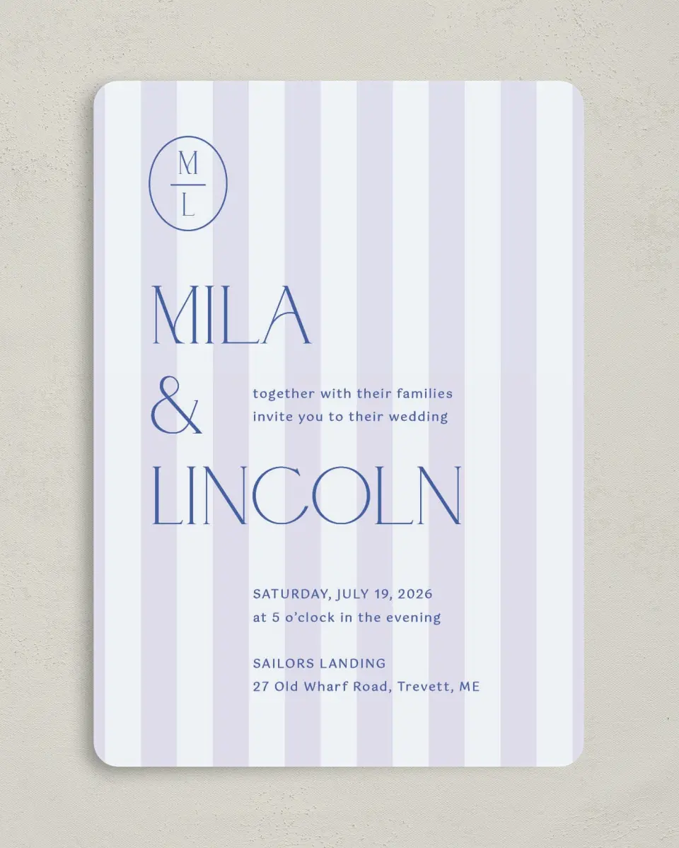 This is a 5" x 7" Rounded Wedding Invitation called The Mila printed in full color on Premium Smooth paper