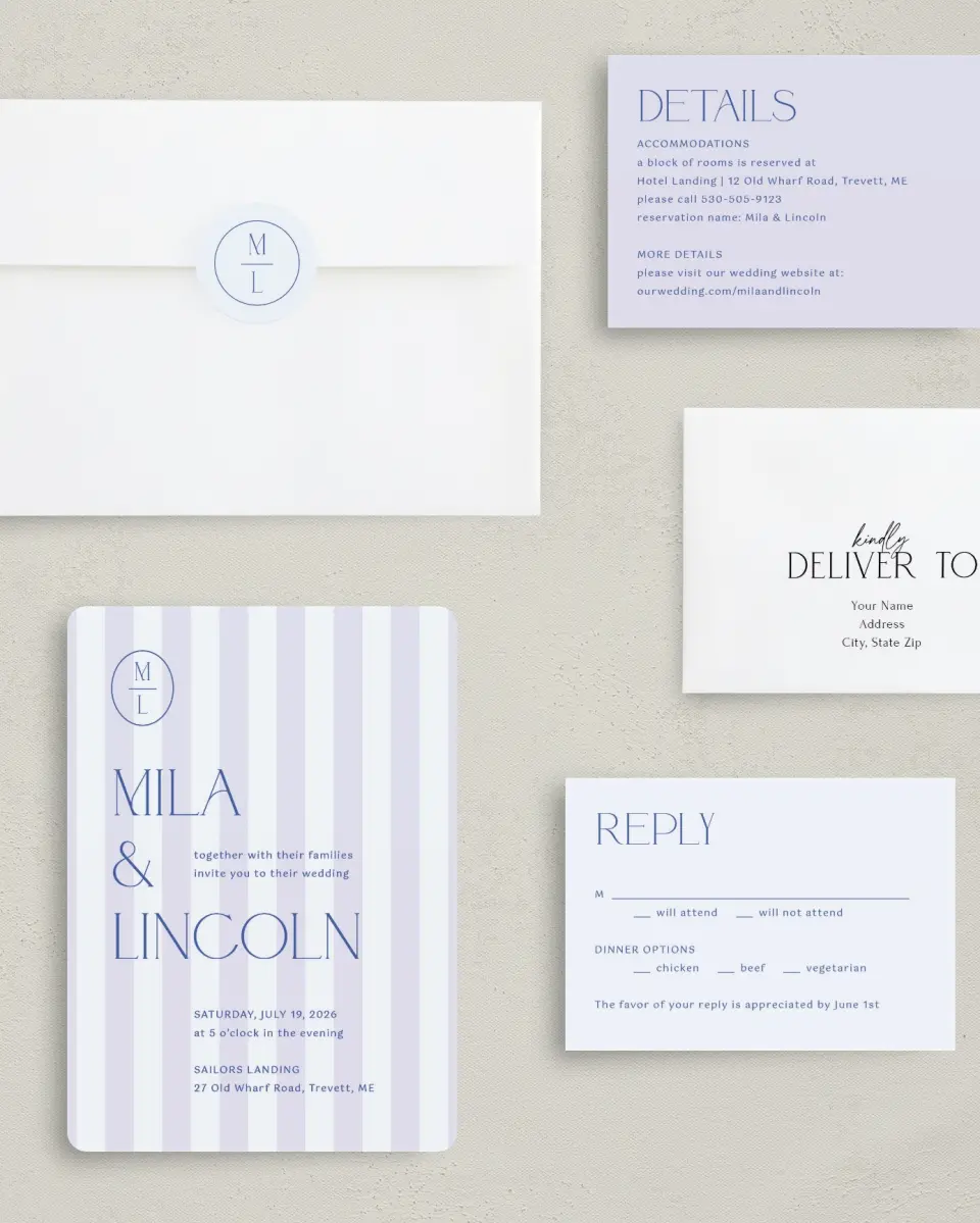 This is a 5" x 7" Rounded Wedding Invitation called The Mila printed in full color with Gold foil on Luxe Satin (coated) paper