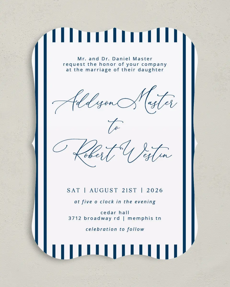 This is a 5" x 7" Bracket Wedding Invitation called The Addison printed in full color on Premium Smooth paper