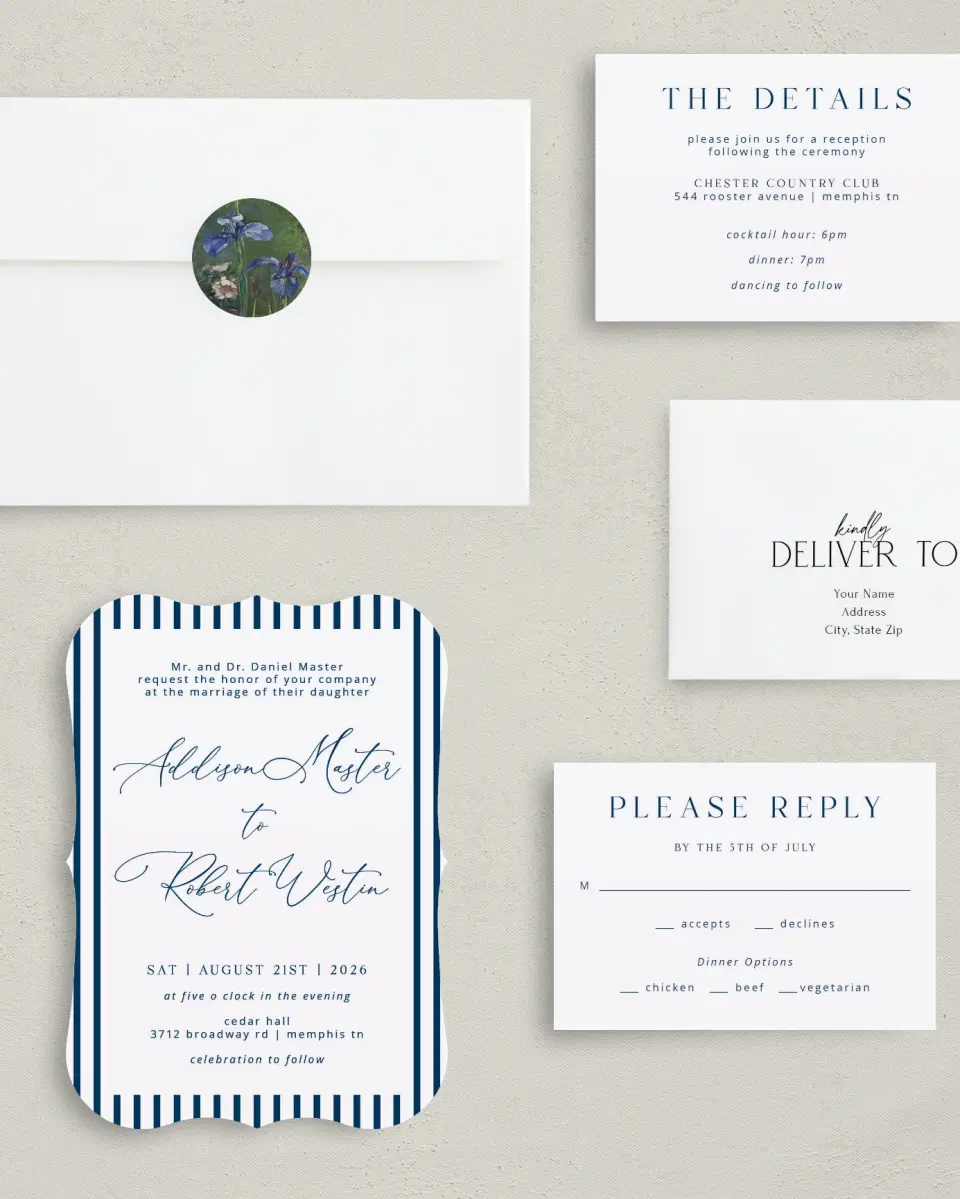 This is a 5" x 7" Bracket Wedding Invitation called The Addison printed in full color with Silver foil on Luxe Satin (coated) paper