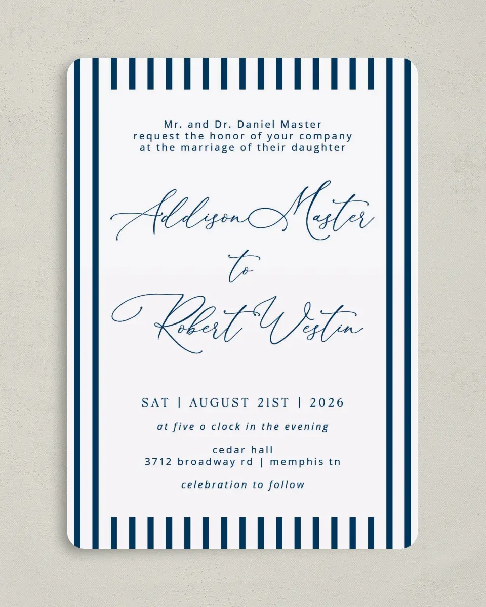 This is a 5" x 7" Rounded Wedding Invitation called The Addison printed in full color on Premium Smooth paper