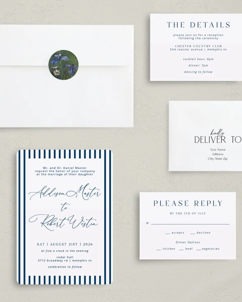 This is a 5" x 7" Rounded Wedding Invitation called The Addison printed in full color with Gold foil on Luxe Satin (coated) paper