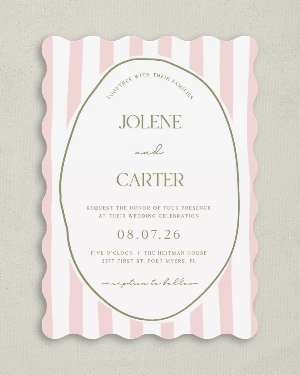 This is a 5" x 7" Wavy Wedding Invitation called The Jolene printed in full color on Premium Smooth paper