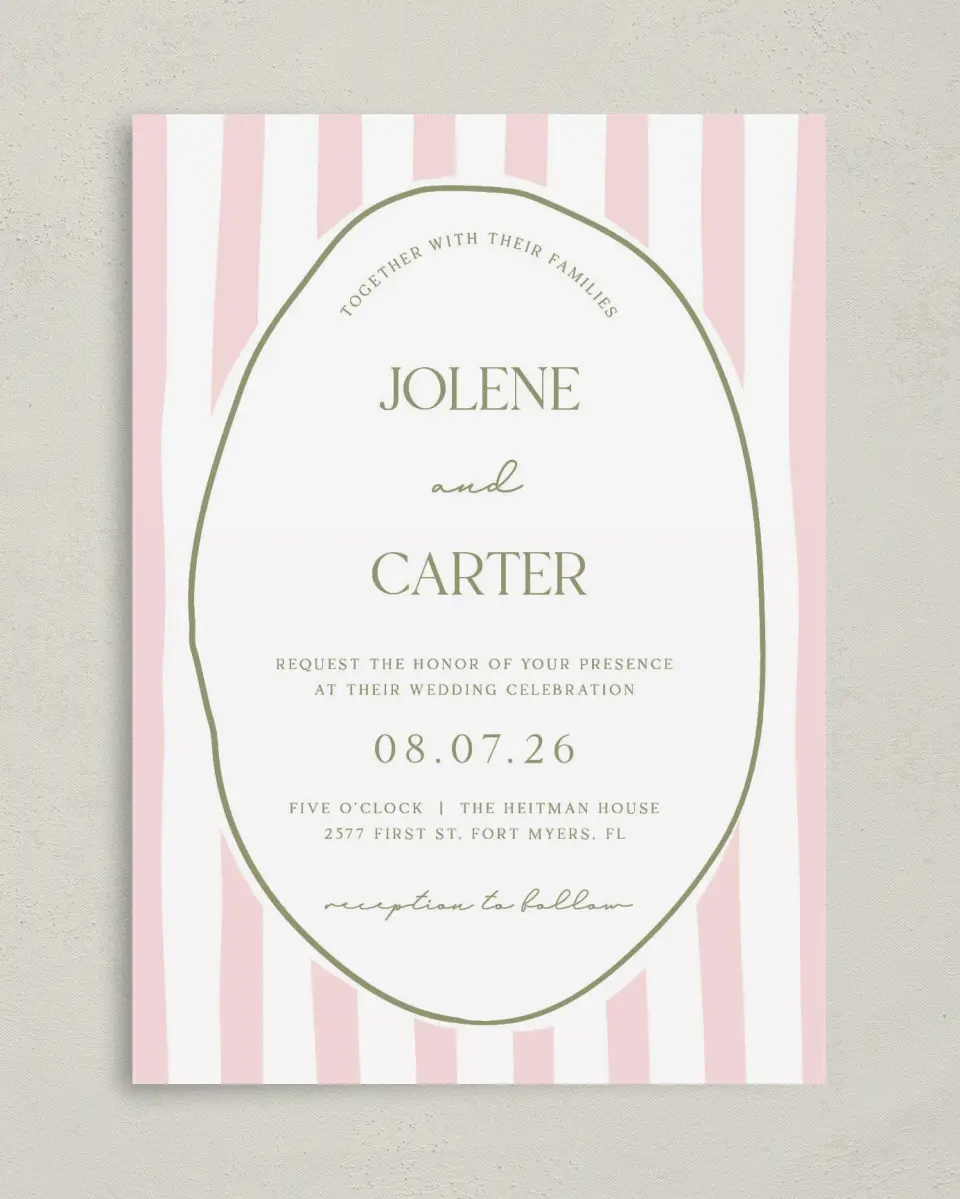 This is a 5" x 7" Classic Wedding Invitation called The Jolene printed in full color on Premium Smooth paper