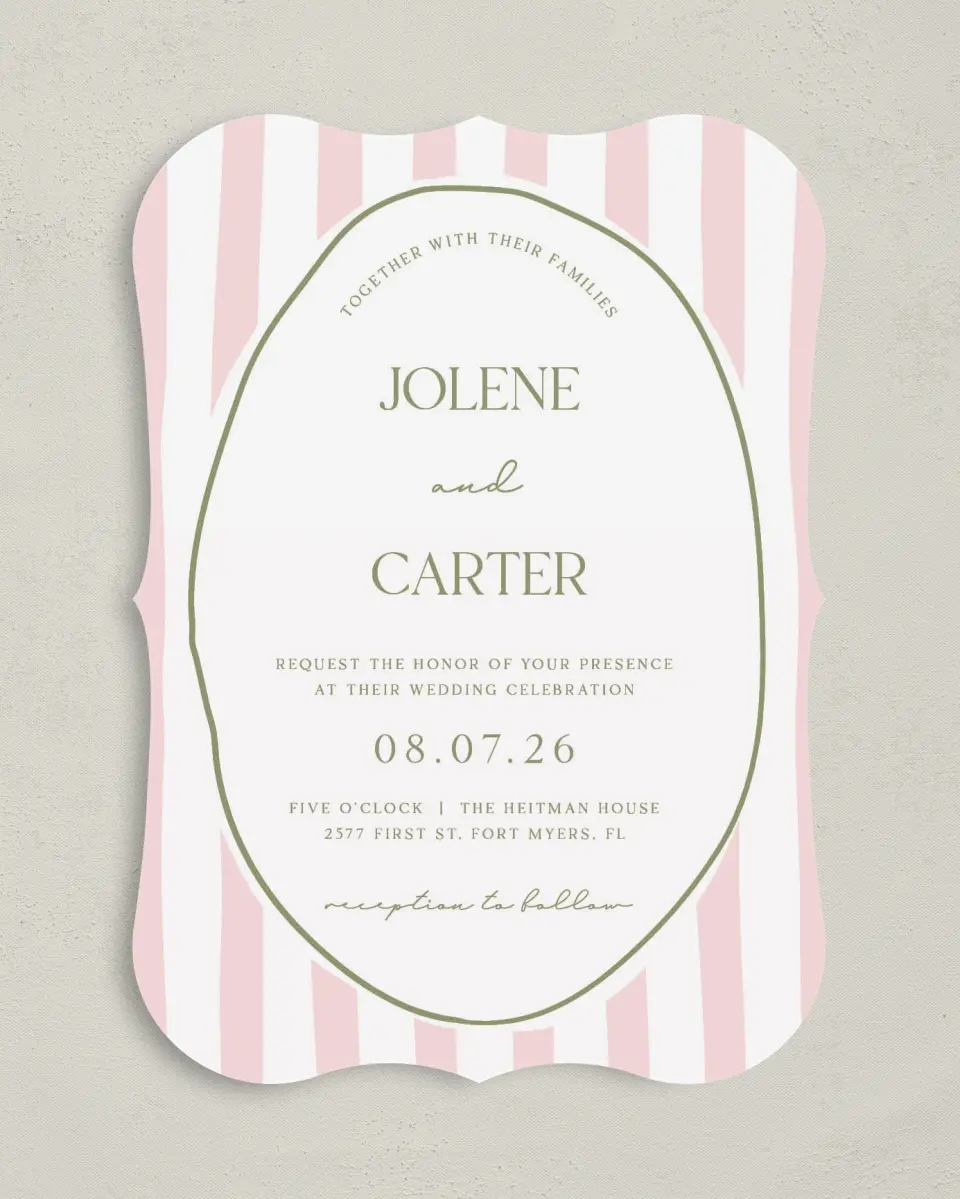 This is a 5" x 7" Bracket Wedding Invitation called The Jolene printed in full color on Premium Smooth paper