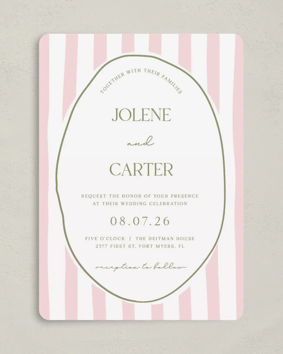 This is a 5" x 7" Rounded Wedding Invitation called The Jolene printed in full color on Premium Smooth paper
