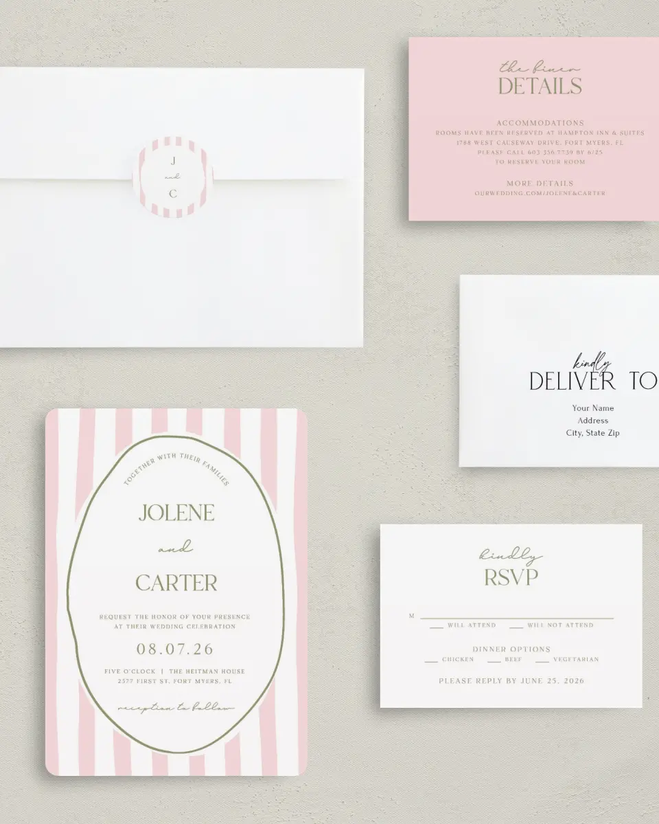 This is a 5" x 7" Rounded Wedding Invitation called The Jolene printed in full color with Gold foil on Luxe Satin (coated) paper