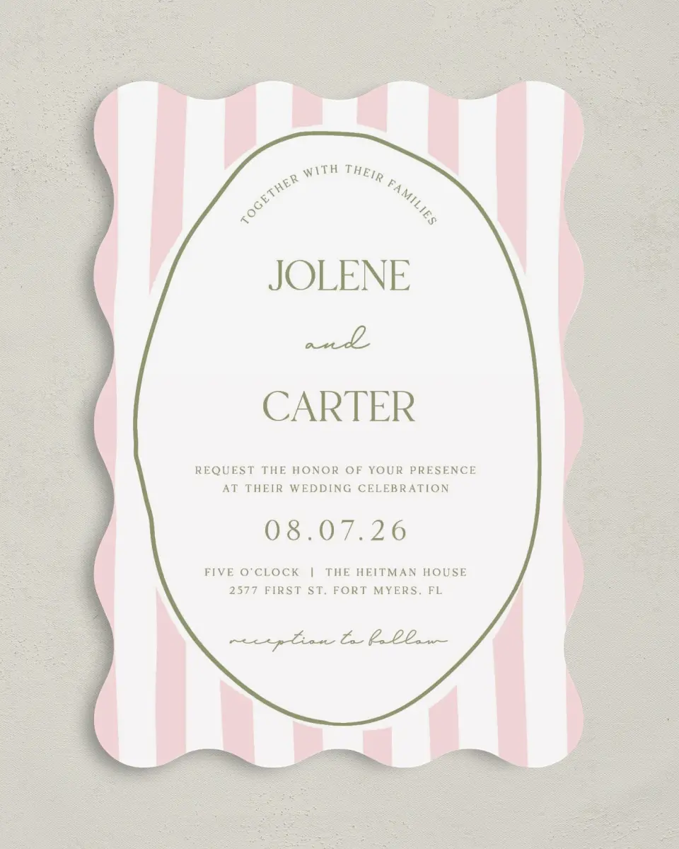 This is a 5" x 7" Wavy Wedding Invitation called The Jolene printed in full color on Premium Smooth paper