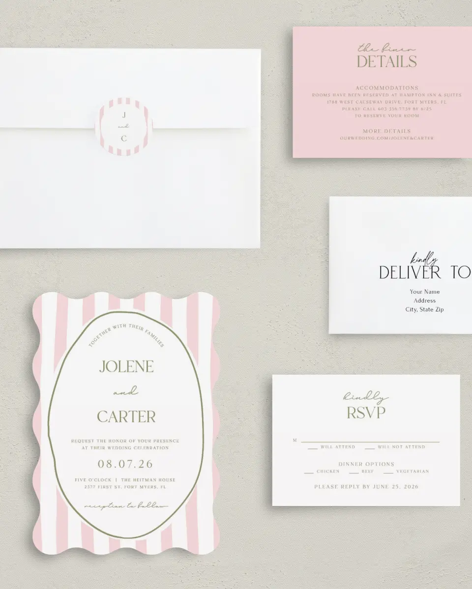 This is a 5" x 7" Wavy Wedding Invitation called The Jolene printed in full color with Silver foil on Luxe Satin (coated) paper