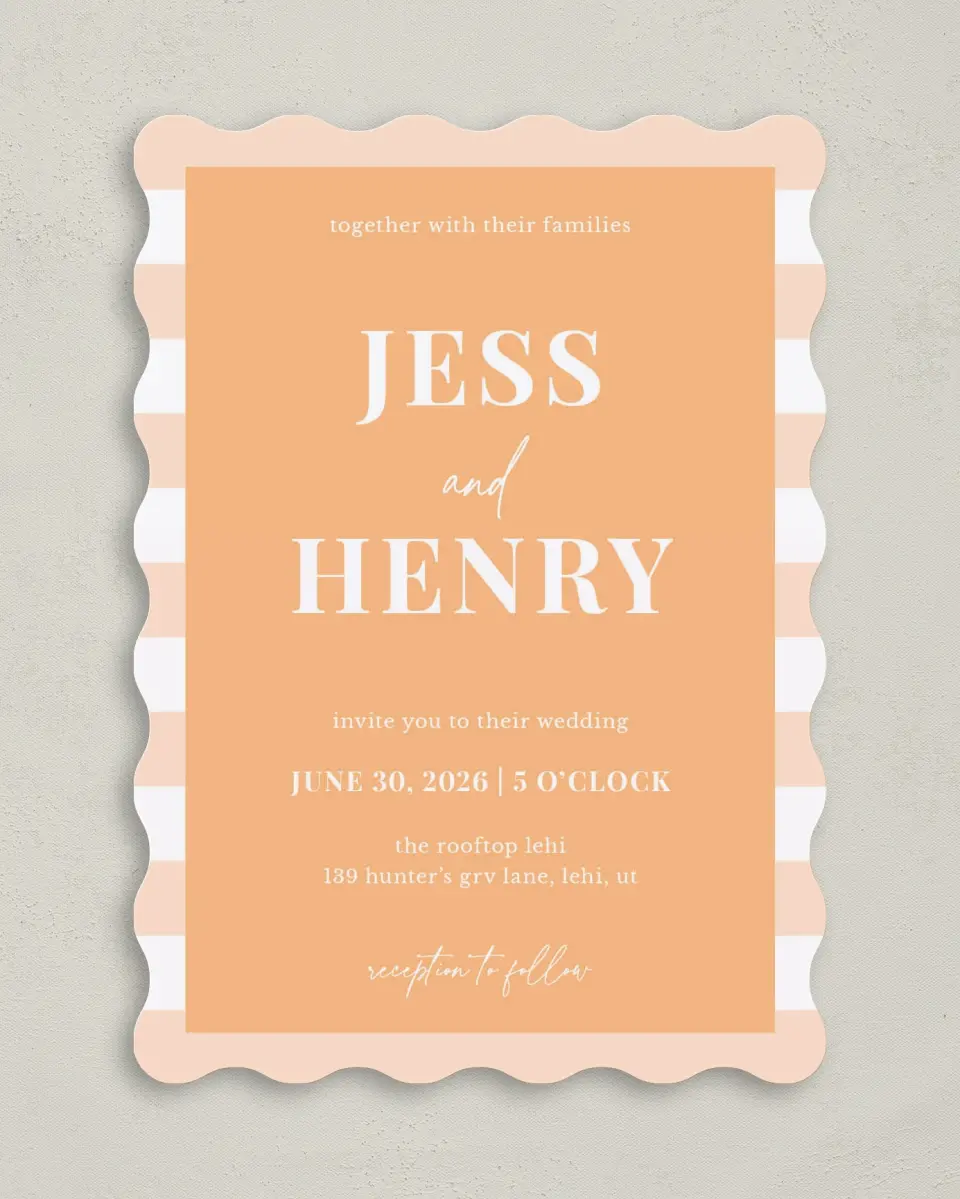 This is a 5" x 7" Wavy Wedding Invitation called The Jess printed in full color on Premium Smooth paper
