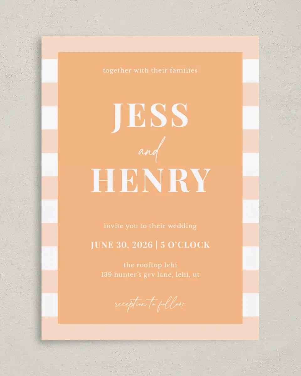 This is a 5" x 7" Classic Wedding Invitation called The Jess printed in full color with Silver foil on Luxe Satin (coated) paper
