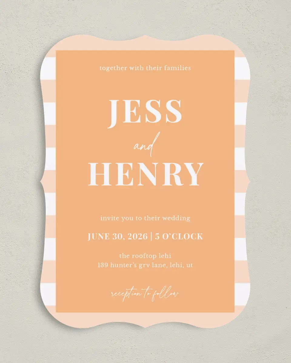 This is a 5" x 7" Bracket Wedding Invitation called The Jess printed in full color on Premium Smooth paper