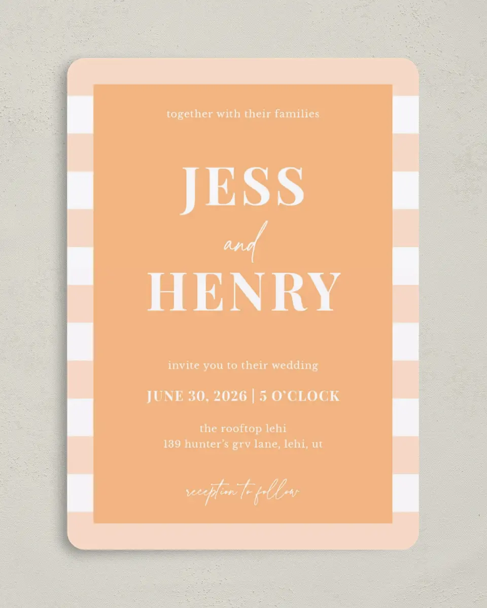 This is a 5" x 7" Rounded Wedding Invitation called The Jess printed in full color on Premium Smooth paper