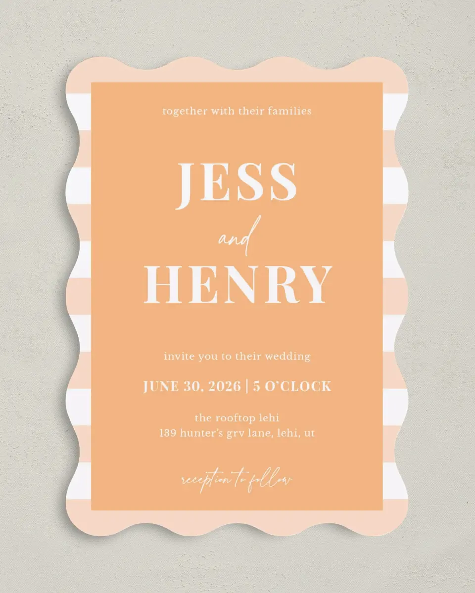 This is a 5" x 7" Wavy Wedding Invitation called The Jess printed in full color on Premium Smooth paper