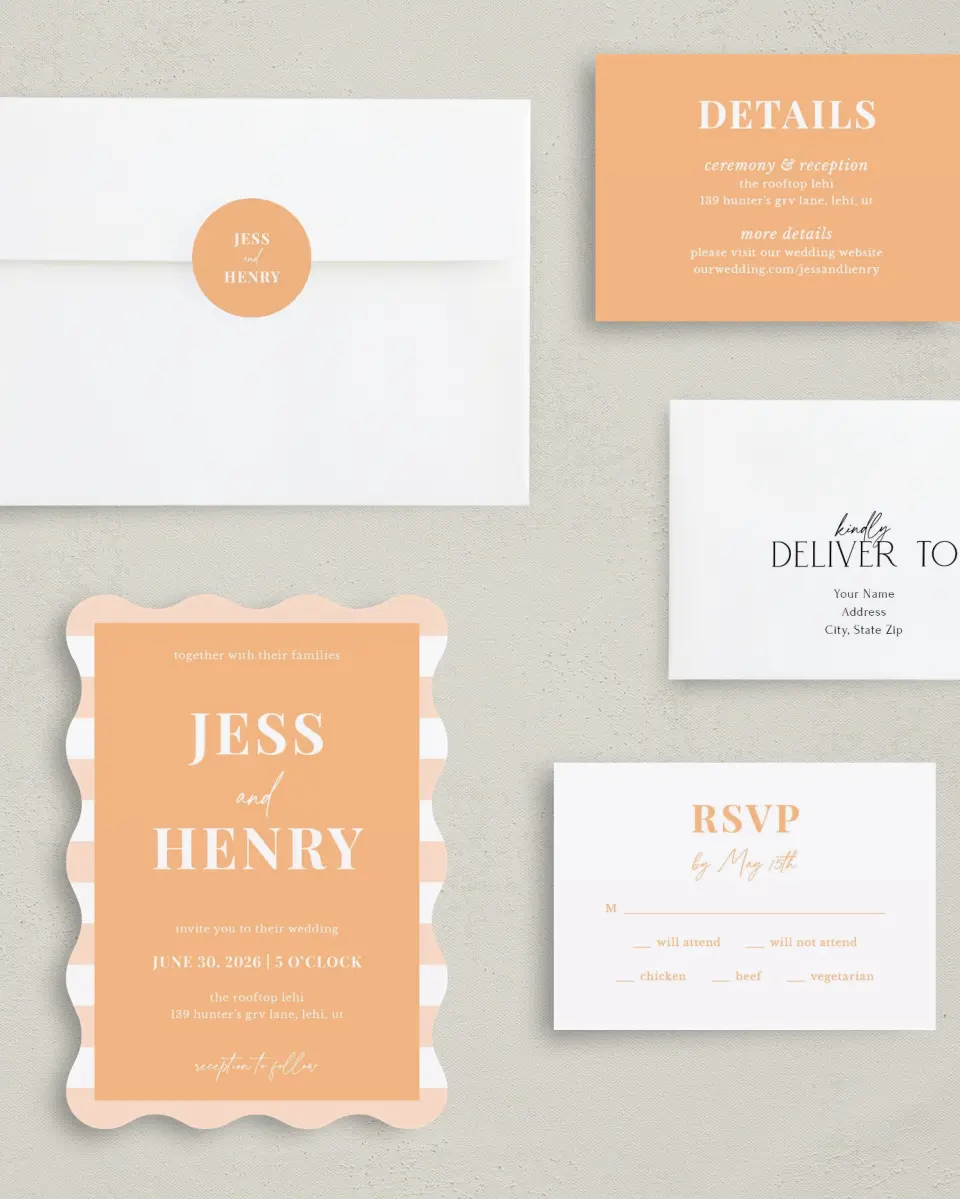 This is a 5" x 7" Wavy Wedding Invitation called The Jess printed in full color with Silver foil on Luxe Satin (coated) paper