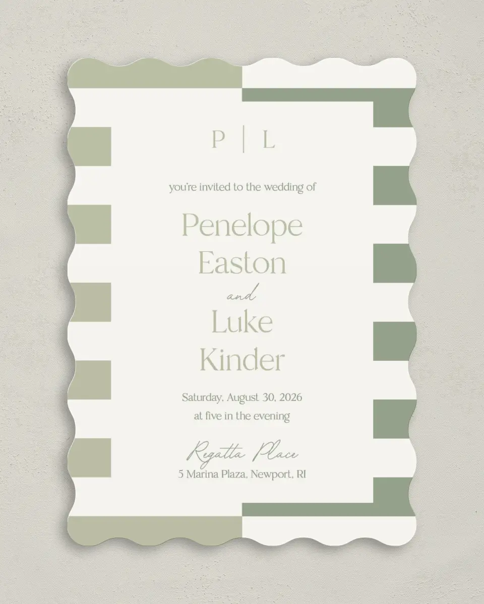 This is a 5" x 7" Wavy Wedding Invitation called The Penelope printed in full color on Premium Smooth paper