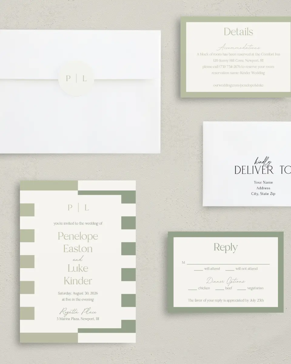 This is a 5" x 7" Classic Wedding Invitation called The Penelope printed in full color with Rose Gold foil on Luxe Satin (coated) paper