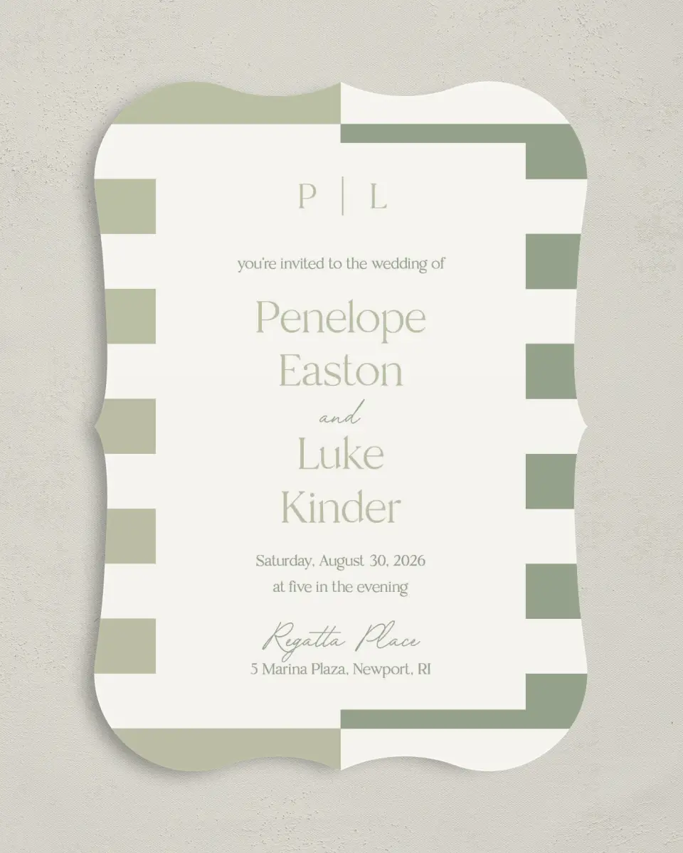 This is a 5" x 7" Bracket Wedding Invitation called The Penelope printed in full color on Premium Smooth paper