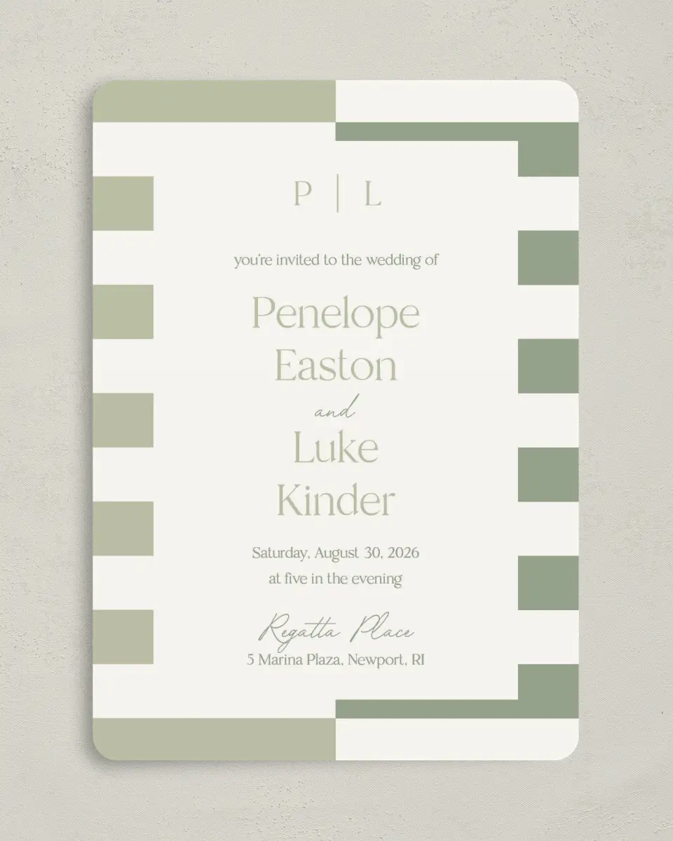 This is a 5" x 7" Rounded Wedding Invitation called The Penelope printed in full color on Premium Smooth paper