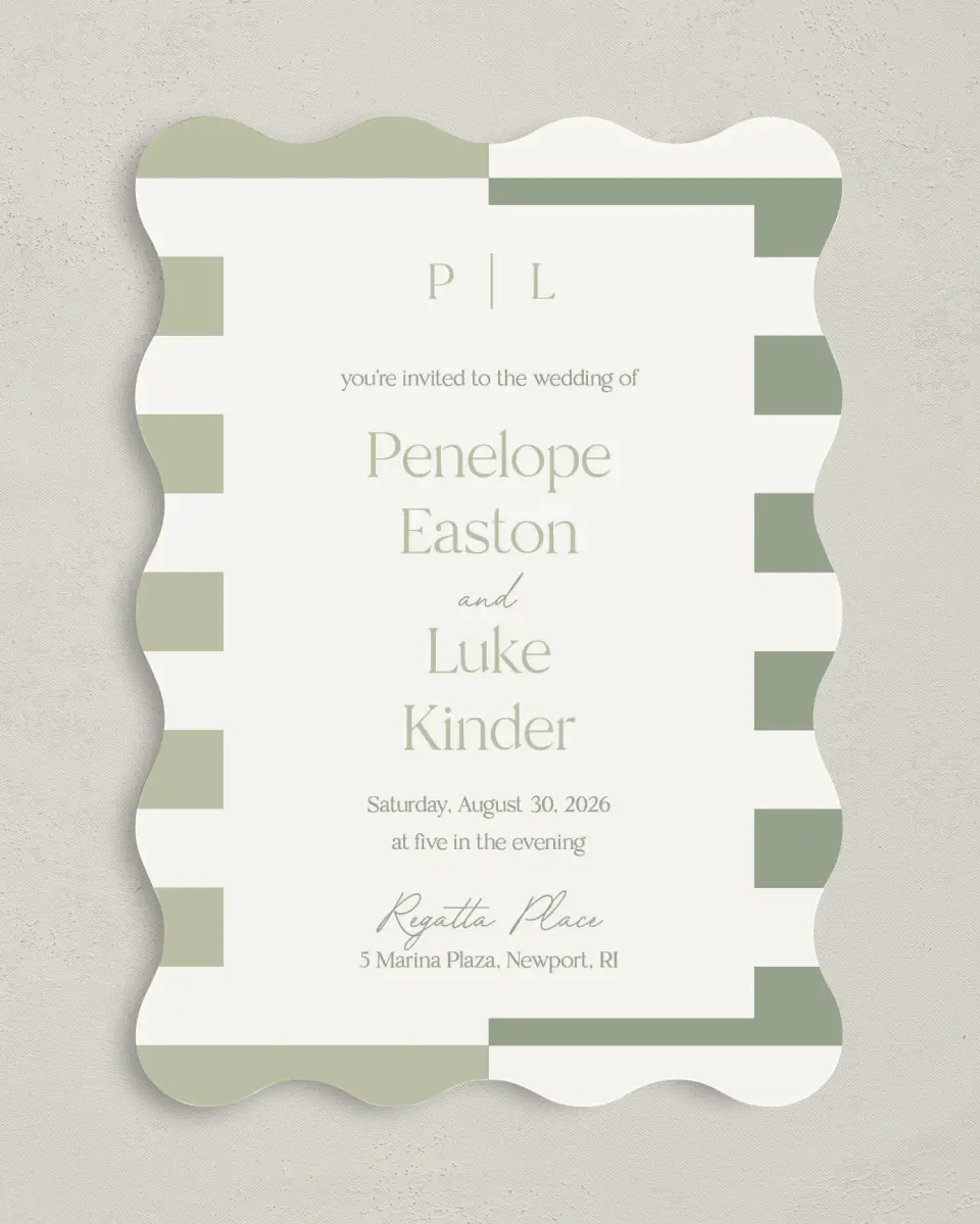 This is a 5" x 7" Wavy Wedding Invitation called The Penelope printed in full color with Rose Gold foil on Luxe Satin (coated) paper