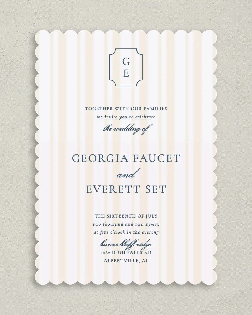 This is a 5" x 7" Classic Wedding Invitation called The Georgia printed in full color on Premium Smooth paper
