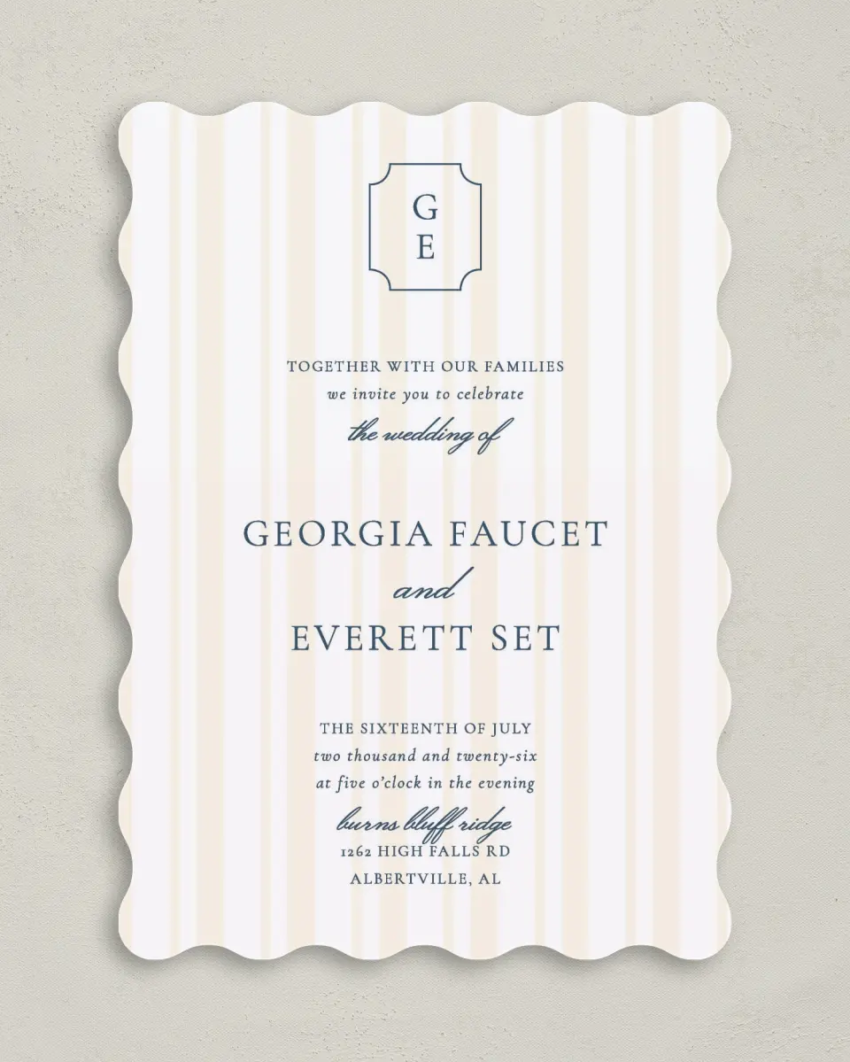This is a 5" x 7" Wavy Wedding Invitation called The Georgia printed in full color with Gold foil on Luxe Satin (coated) paper