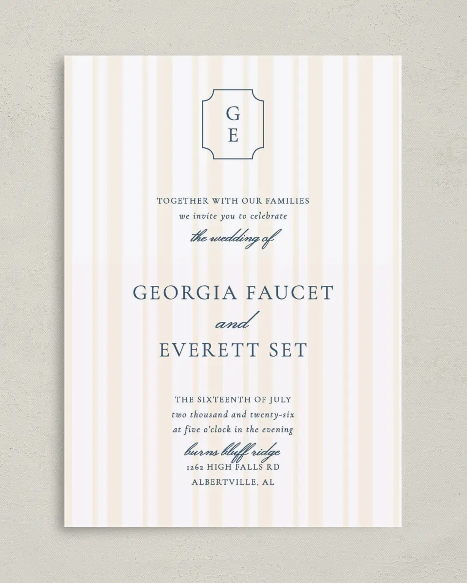 This is a 5" x 7" Classic Wedding Invitation called The Georgia printed in full color on Premium Smooth paper