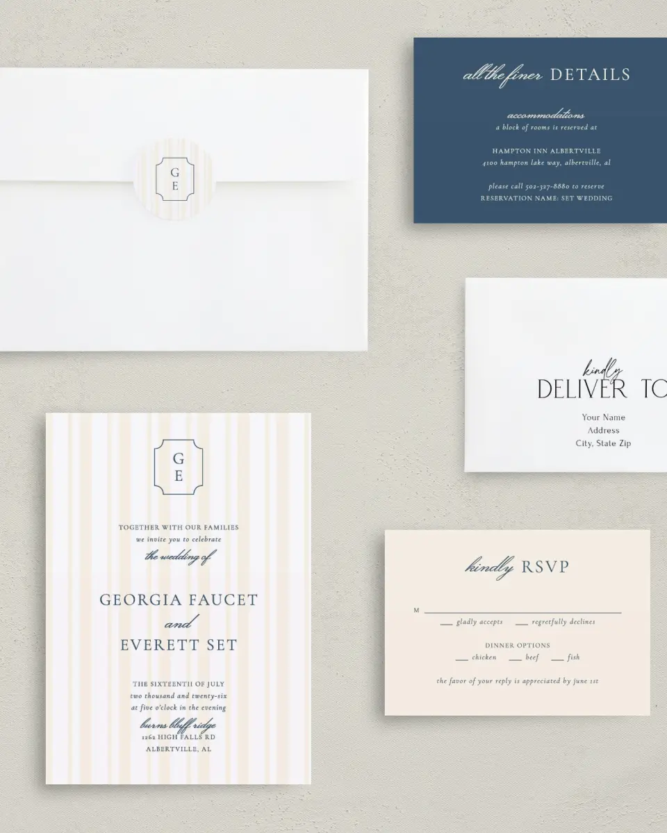 This is a 5" x 7" Classic Wedding Invitation called The Georgia printed in full color with Silver foil on Luxe Satin (coated) paper