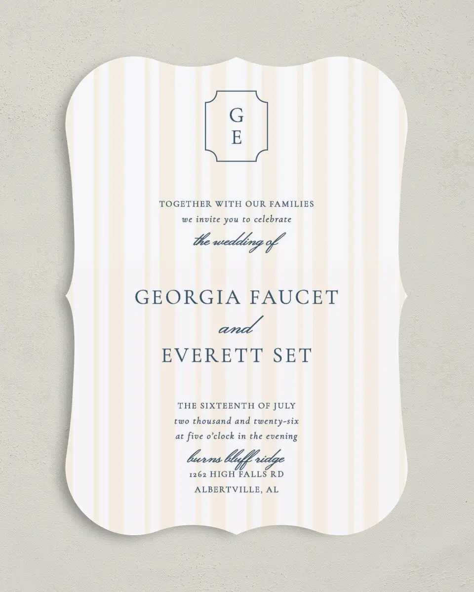 This is a 5" x 7" Bracket Wedding Invitation called The Georgia printed in full color on Premium Smooth paper