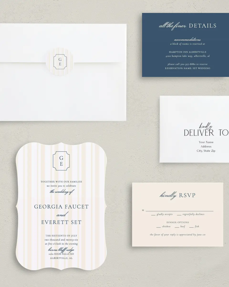This is a 5" x 7" Bracket Wedding Invitation called The Georgia printed in full color with Silver foil on Luxe Satin (coated) paper
