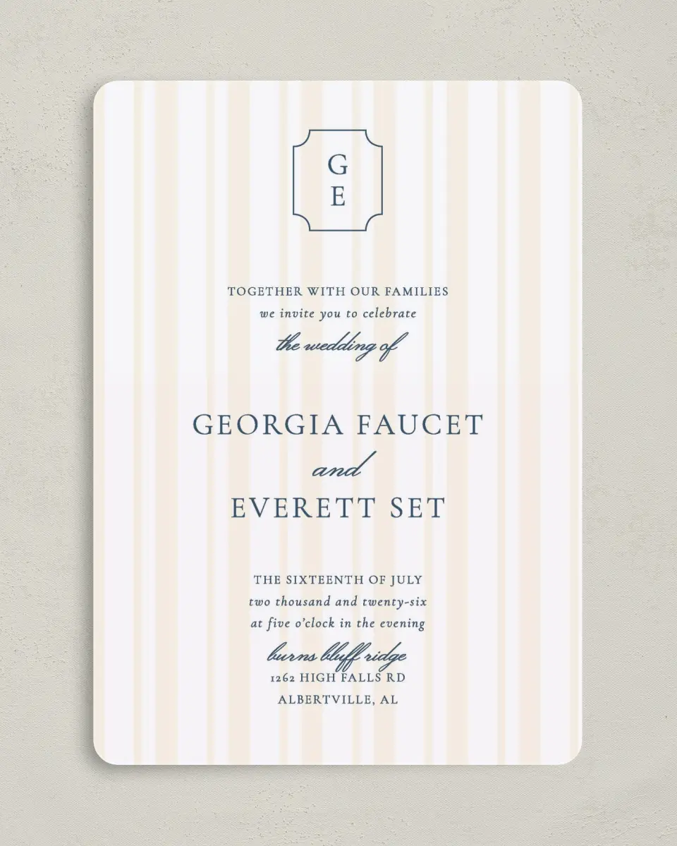This is a 5" x 7" Rounded Wedding Invitation called The Georgia printed in full color on Premium Smooth paper