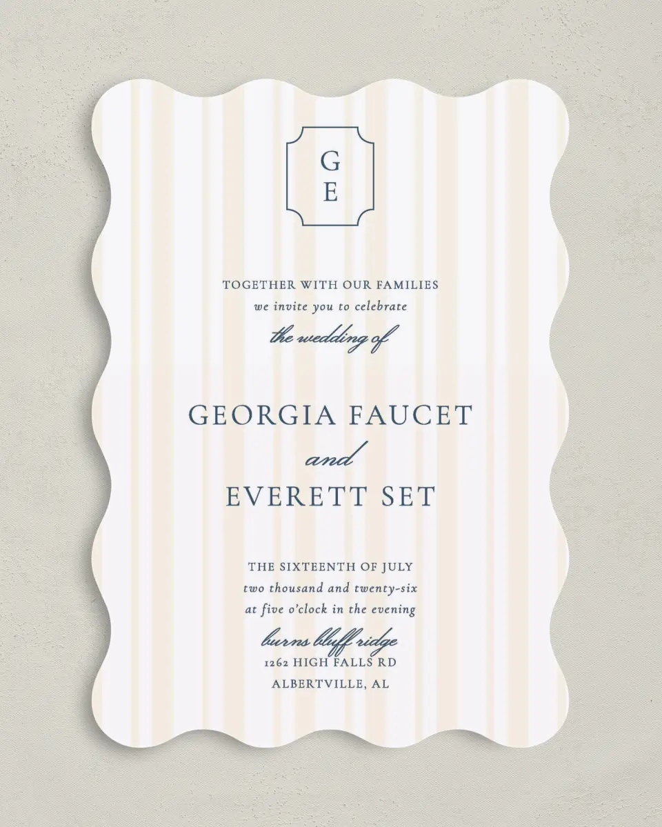 This is a 5" x 7" Wavy Wedding Invitation called The Georgia printed in full color on Premium Smooth paper