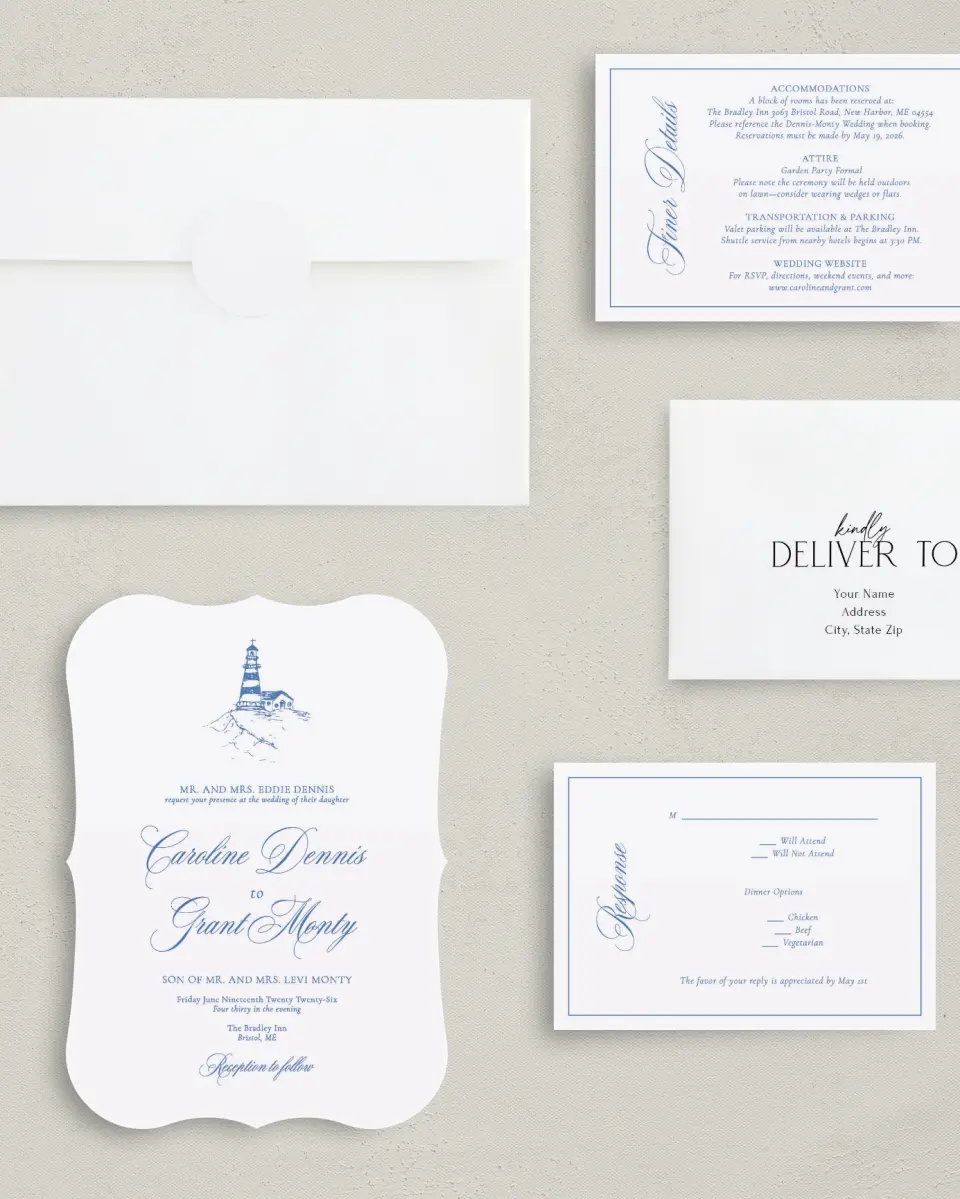 This is a 5" x 7" Bracket Wedding Invitation called Bradley printed in full color with Silver foil on Luxe Satin (coated) paper