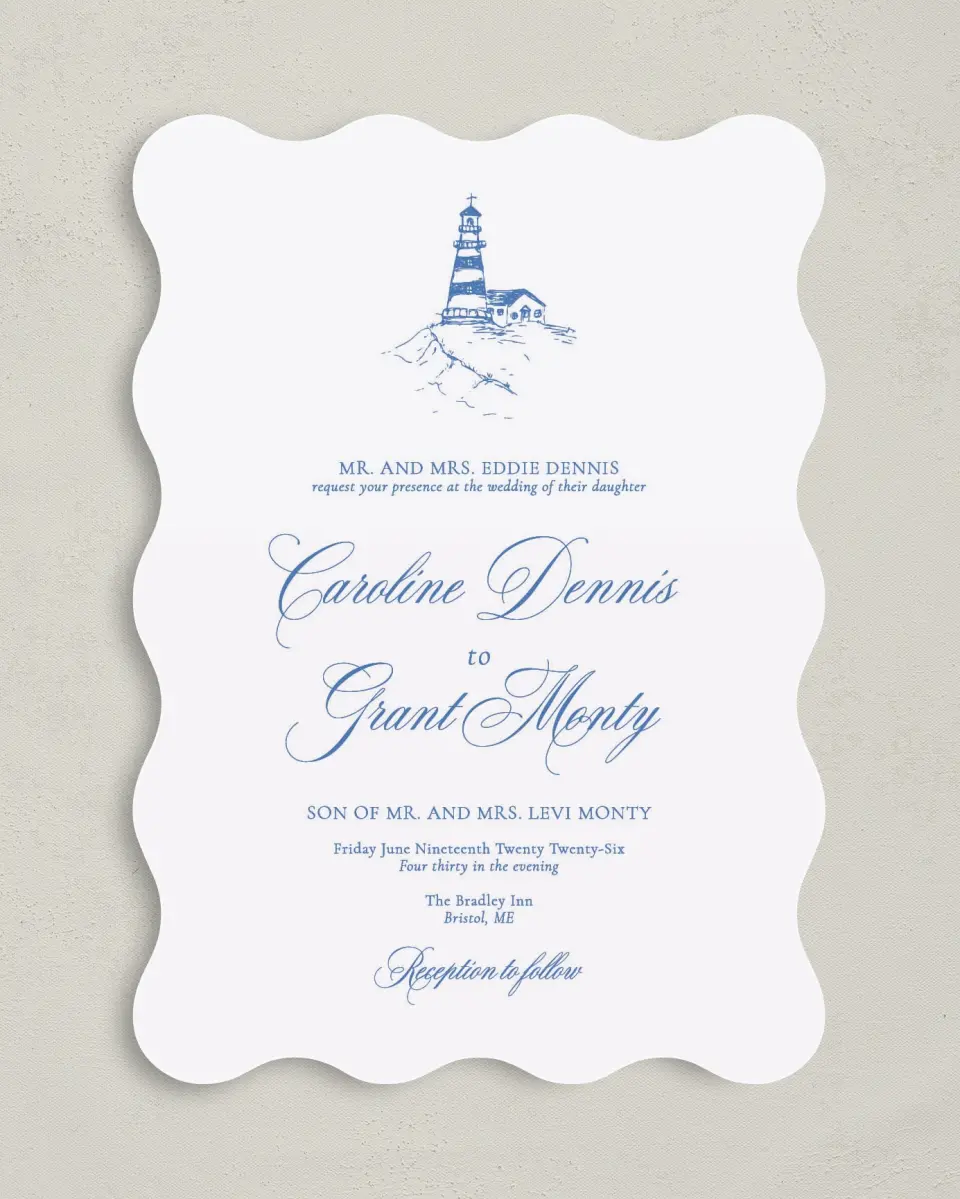 This is a 5" x 7" Wavy Wedding Invitation called Bradley printed in full color on Premium Smooth paper