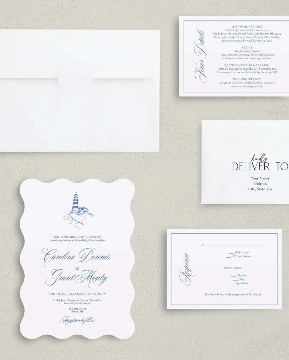 This is a 5" x 7" Wavy Wedding Invitation called Bradley printed in full color with Silver foil on Luxe Satin (coated) paper