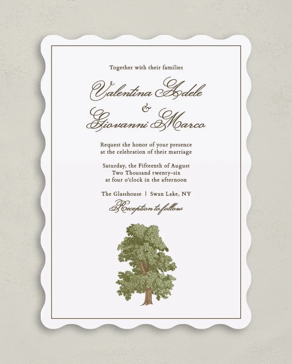 This is a 5" x 7" Wavy Wedding Invitation called Holloway printed in full color on Premium Smooth paper