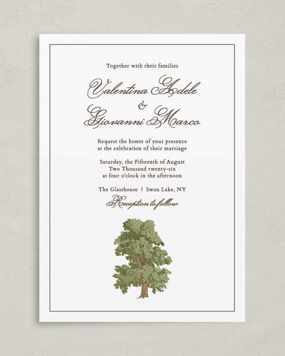 This is a 5" x 7" Classic Wedding Invitation called Holloway printed in full color on Premium Smooth paper