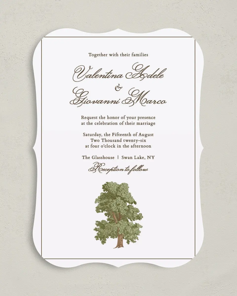 This is a 5" x 7" Bracket Wedding Invitation called Holloway printed in full color with Silver foil on Luxe Satin (coated) paper
