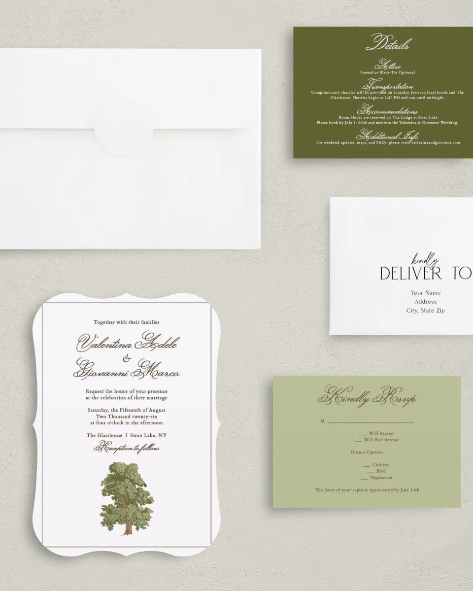 This is a 5" x 7" Bracket Wedding Invitation called Holloway printed in full color with Silver foil on Luxe Satin (coated) paper