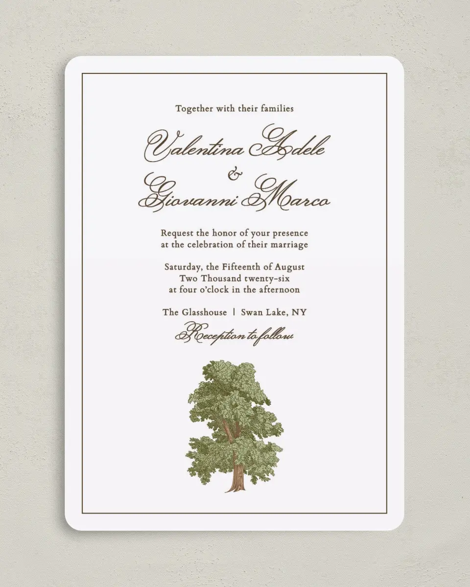 This is a 5" x 7" Rounded Wedding Invitation called Holloway printed in full color on Premium Smooth paper